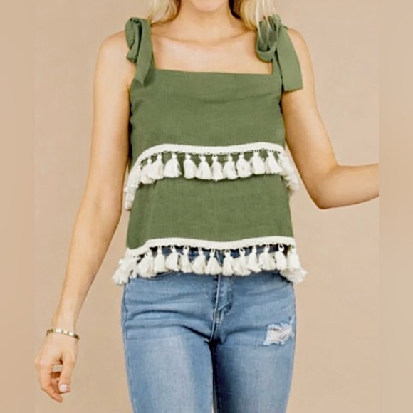 entro Tops - entro Tiered Tassel Top Tie Straps Cotton Linen Olive Green Size S